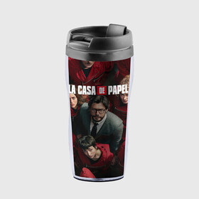 Термокружка-непроливайка с принтом La Casa de Papel (Z) в городе Новоалтайск, внутренняя часть — пищевой пластик, наружная часть — прозрачный пластик, между ними — полиграфическая вставка с рисунком | объем — 350 мл, герметичная крышка | la casa de papel | netflix | берлин | бумажный дом | лиссабон | профессор | сальва | токио