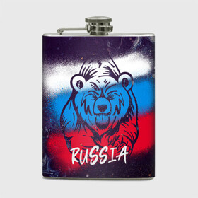 Фляга с принтом Russia Bear в городе Новоалтайск, металлический корпус | емкость 0,22 л, размер 125 х 94 мм. Виниловая наклейка запечатывается полностью | Тематика изображения на принте: 12 июня | bear | marble | russia | грозный медведь | день россии | медведь | мишка | мрамор | мраморная | праздник | россия | страна | триколор | флаг