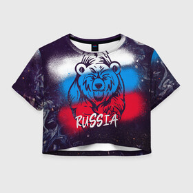 Женская футболка Crop-top 3D с принтом Russia Bear в городе Новоалтайск, 100% полиэстер | круглая горловина, длина футболки до линии талии, рукава с отворотами | Тематика изображения на принте: 12 июня | bear | marble | russia | грозный медведь | день россии | медведь | мишка | мрамор | мраморная | праздник | россия | страна | триколор | флаг