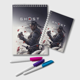 Блокнот с принтом Ghost of Tsushima в городе Новоалтайск, 100% бумага | 48 листов, плотность листов — 60 г/м2, плотность картонной обложки — 250 г/м2. Листы скреплены удобной пружинной спиралью. Цвет линий — светло-серый
 | Тематика изображения на принте: ghost of tsushima | jin | tsushima | призрак цсусимы | призрак цусимы