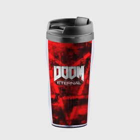 Термокружка-непроливайка с принтом Doom Eternal в городе Новоалтайск, внутренняя часть — пищевой пластик, наружная часть — прозрачный пластик, между ними — полиграфическая вставка с рисунком | объем — 350 мл, герметичная крышка | Тематика изображения на принте: bethesda softworks | doom eternal | doomguy | id software | демоны | дум этернал | марс | палач рока | этернал