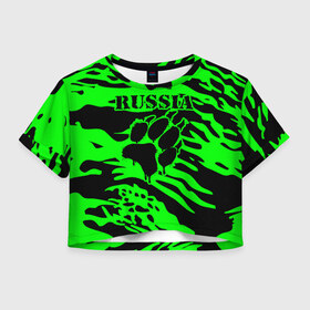 Женская футболка Crop-top 3D с принтом Russia в городе Новоалтайск, 100% полиэстер | круглая горловина, длина футболки до линии талии, рукава с отворотами | ru | rus | russia | волк | герб | двуглавый | зверь | зеленая | империя | камок | камуфляж | лапа | лев | маскировка | милитари | надпись | национальный | патриот | родина | российская | россия | русский | рф