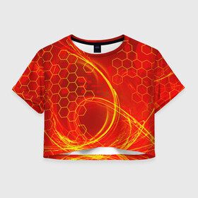 Женская футболка Crop-top 3D с принтом Неоновый Огонь в городе Новоалтайск, 100% полиэстер | круглая горловина, длина футболки до линии талии, рукава с отворотами | 2 цвета | hexagon | neon | арт | без рисунка | битва | взрыв | волны | дым | искусство | картина | кисть | краски | красный | красочная | неон | огней | огонь | оранжевый | пламя | поп | прикольная | пятна