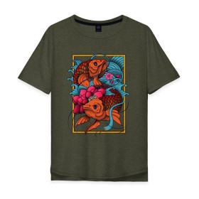Мужская футболка хлопок Oversize с принтом Japanese Koi Cartoon в городе Новоалтайск, 100% хлопок | свободный крой, круглый ворот, “спинка” длиннее передней части | cartoon | japan | japanese | koi | графика | графические | иероглифы | йероглифы | кандзи | канзи | карп | карпы | мультфильм | мультяшные | надпись | нарисованные | рыба | рыбка | рыбки | рыбы | символизм | символы
