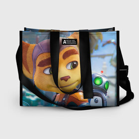 Сумка-шоппер 3D с принтом Ratchet & Clank Rift Apart в городе Новоалтайск, 100% полиэстер | застегивается на металлическую кнопку; внутренний карман застегивается на молнию. Стенки укреплены специальным мягким материалом, чтобы защитить содержимое от несильных ударов
 | ratchet  clank rift apart | игра | персонаж | рисунок