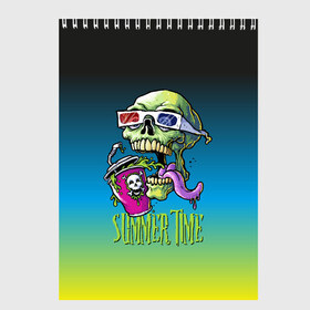 Скетчбук с принтом Cool skull в городе Новоалтайск, 100% бумага
 | 48 листов, плотность листов — 100 г/м2, плотность картонной обложки — 250 г/м2. Листы скреплены сверху удобной пружинной спиралью | Тематика изображения на принте: bones | grin | jaw | juice | skull | teeth | tongue | зубы | кости | оскал | очки | пасть | сок | череп | язык