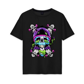 Женская футболка хлопок Oversize с принтом Crazy skull в городе Новоалтайск, 100% хлопок | свободный крой, круглый ворот, спущенный рукав, длина до линии бедер
 | bat | eye | grin | helmet | jaw | orbits | skateboard | skull | teeth | wings | глаз | глазницы | зубы | крылья | летучая мышь | оскал | пасть | скейтборд | череп | шлем