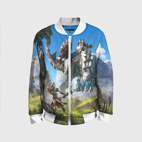 Детский бомбер 3D с принтом HORIZON ZERO DAWN в городе Новоалтайск, 100% полиэстер | застегивается на молнию, по бокам два кармана без застежек, мягкие манжеты, по низу бомбера и на воротнике — эластичная резинка | aloy | antasy girl | art | artwork | digital art | fantasy | horizon | horizon: zero dawn | landscape | tallneck | warrior fantasy | weapon | zero dawn