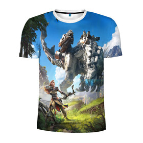 Мужская футболка 3D спортивная с принтом HORIZON ZERO DAWN в городе Новоалтайск, 100% полиэстер с улучшенными характеристиками | приталенный силуэт, круглая горловина, широкие плечи, сужается к линии бедра | Тематика изображения на принте: aloy | antasy girl | art | artwork | digital art | fantasy | horizon | horizon: zero dawn | landscape | tallneck | warrior fantasy | weapon | zero dawn