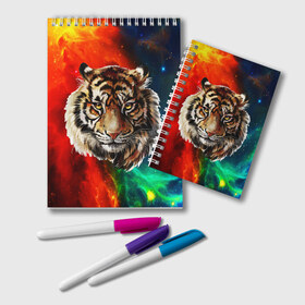 Блокнот с принтом Cosmo Tiger в городе Новоалтайск, 100% бумага | 48 листов, плотность листов — 60 г/м2, плотность картонной обложки — 250 г/м2. Листы скреплены удобной пружинной спиралью. Цвет линий — светло-серый
 | cat | cats | dog | dogs | kitchen | kitten | unicorn | единорог | кошка | кошки | лапки | лапы | лев | пёс | радуга | светлая | след | следы | собака | собаки | собачки | темная | тигр | цветная | яркая