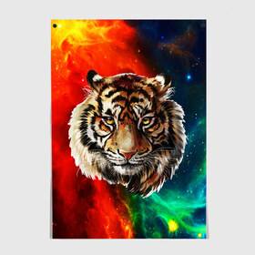 Постер с принтом Cosmo Tiger в городе Новоалтайск, 100% бумага
 | бумага, плотность 150 мг. Матовая, но за счет высокого коэффициента гладкости имеет небольшой блеск и дает на свету блики, но в отличии от глянцевой бумаги не покрыта лаком | cat | cats | dog | dogs | kitchen | kitten | unicorn | единорог | кошка | кошки | лапки | лапы | лев | пёс | радуга | светлая | след | следы | собака | собаки | собачки | темная | тигр | цветная | яркая