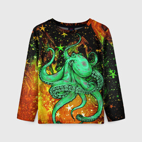 Детский лонгслив 3D с принтом Cosmo Octopus в городе Новоалтайск, 100% полиэстер | длинные рукава, круглый вырез горловины, полуприлегающий силуэт
 | cosmo | kraken | medusa | meduza | ocean | octopus | pirates | арт | ван | гог | звезды | искусство | картина | космос | кракен | красочный | медуза | море | океан | осьминог | пираты | принт | стиль
