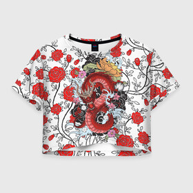 Женская футболка Crop-top 3D с принтом Dragon | Roses в городе Новоалтайск, 100% полиэстер | круглая горловина, длина футболки до линии талии, рукава с отворотами | color | colorfull | dragon | flower | flowers | minimum | pattern | rose | roses | tatto | tattoo | дракон | краски | красочная | листки | листочки | минимализм | паттерн | роза | розы | тату | текстура | цветочки | цветы