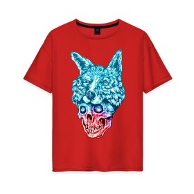 Женская футболка хлопок Oversize с принтом Mister wolf в городе Новоалтайск, 100% хлопок | свободный крой, круглый ворот, спущенный рукав, длина до линии бедер
 | ears | eyes | grin | jaw | nose | orbits | skin | skull | teeth | wolf | волк | глаза | глазницы | зубы | нос | пасть | уши | череп