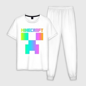 Мужская пижама хлопок с принтом MINECRAFT CREEPER в городе Новоалтайск, 100% хлопок | брюки и футболка прямого кроя, без карманов, на брюках мягкая резинка на поясе и по низу штанин
 | Тематика изображения на принте: creeper | game | minecraft | блоки | игра | квадраты | компьютерная | крипер | криппер | майнкрафт | огонь