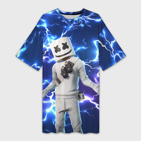 Платье-футболка 3D с принтом FORTNITE x MARSHMELLO в городе Новоалтайск,  |  | deadmau5 | fortnite | fortnite 2 | fortnite x маршмелло | ikonik | marshmello | ninja | ninja streamer | raven | travis scott | ворон | иконик | ниндзя | пили | рейвен | трэвис скотт | фортнайт