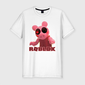 Мужская футболка хлопок Slim с принтом Roblox piggy/Свинка Пигги. в городе Новоалтайск, 92% хлопок, 8% лайкра | приталенный силуэт, круглый вырез ворота, длина до линии бедра, короткий рукав | game | gamer | logo | minecraft | piggi | roblox | simulator | игра | конструктор | лого | пигги | свинья | симулятор | строительство | фигура