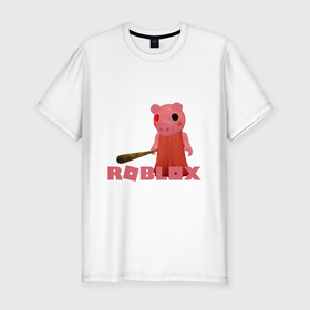 Мужская футболка хлопок Slim с принтом ROBLOX: PIGGI. в городе Новоалтайск, 92% хлопок, 8% лайкра | приталенный силуэт, круглый вырез ворота, длина до линии бедра, короткий рукав | game | gamer | logo | minecraft | piggi | roblox | simulator | игра | конструктор | лого | пигги | свинья | симулятор | строительство | фигура
