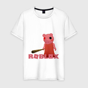 Мужская футболка хлопок с принтом ROBLOX: PIGGI. в городе Новоалтайск, 100% хлопок | прямой крой, круглый вырез горловины, длина до линии бедер, слегка спущенное плечо. | game | gamer | logo | minecraft | piggi | roblox | simulator | игра | конструктор | лого | пигги | свинья | симулятор | строительство | фигура