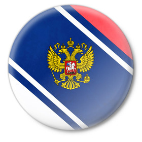 Значок с принтом RUSSIA SPORT в городе Новоалтайск,  металл | круглая форма, металлическая застежка в виде булавки | russia | russia sport | народный | народный стиль | отечество | патриот | роспись | россия | россия спорт | русский | спорт | триколор | узоры | флаг | я русский