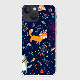 Чехол для iPhone 13 mini с принтом Звери природа индейцы этно в городе Новоалтайск,  |  | Тематика изображения на принте: ветки | волк | горы | звери | индейцы | лес | лис | лиса | листья | ловец снов | медведь | природа | синий | треугольники | узор | цветы | этно