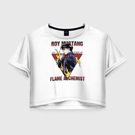 Женская футболка Crop-top 3D с принтом Мустанг Fullmetal alchemist в городе Новоалтайск, 100% полиэстер | круглая горловина, длина футболки до линии талии, рукава с отворотами | Тематика изображения на принте: alchemist | flame | fullmetal | japan | mustang | roy | алекс | алхимик | альфонс | аниме | армстронг | государственный | лиза | мустанг | огненный | полковник | рой | стальной | стиль | хоукай | цельнометаллический | эдвард
