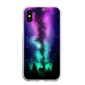 Чехол для iPhone XS Max матовый с принтом Силуэт оленя северное сияние в городе Новоалтайск, Силикон | Область печати: задняя сторона чехла, без боковых панелей | Тематика изображения на принте: ели | елки | звезды | зверь | лес | лось | ночь | олень | рога | северное сияние | силуэт