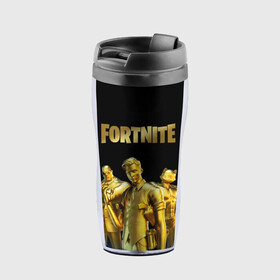 Термокружка-непроливайка с принтом FORTNITE GOLD SQUAD в городе Новоалтайск, внутренняя часть — пищевой пластик, наружная часть — прозрачный пластик, между ними — полиграфическая вставка с рисунком | объем — 350 мл, герметичная крышка | Тематика изображения на принте: 2 часть | 3 season | 3 сезон | fortnite | gold | midas | squad | мидас | фортнайт