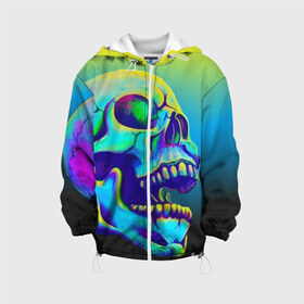 Детская куртка 3D с принтом Neon skull в городе Новоалтайск, 100% полиэстер | застежка — молния, подол и капюшон оформлены резинкой с фиксаторами, по бокам — два кармана без застежек, один потайной карман на груди, плотность верхнего слоя — 90 г/м2; плотность флисового подклада — 260 г/м2 | Тематика изображения на принте: color | grin | jaw | orbits | skull | teeth | зубы | оскал | пасть | цвет | череп