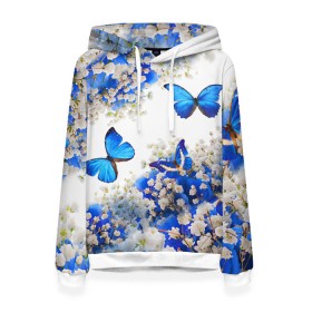 Женская толстовка 3D с принтом Butterfly | Blue White в городе Новоалтайск, 100% полиэстер  | двухслойный капюшон со шнурком для регулировки, мягкие манжеты на рукавах и по низу толстовки, спереди карман-кенгуру с мягким внутренним слоем. | butterfly | earth | flowers | forest | neon | бабочки | весенняя | весна | зелень | земля | зима | зимняя | искусство | краски | лес | летняя | лето | море | неон | океан | осенняя | природа | приятная | растения | рестение
