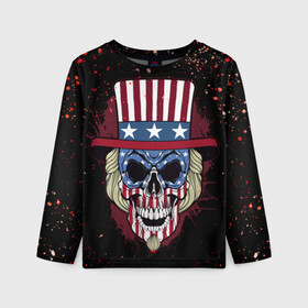 Детский лонгслив 3D с принтом Американский череп | American Skull (Z) в городе Новоалтайск, 100% полиэстер | длинные рукава, круглый вырез горловины, полуприлегающий силуэт
 | shaman | skull | вождь | гот | дух | кладбище | крылья | мертвец | мертвый | панк | перья | рок | скелет | череп | шаман | эмо