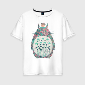 Женская футболка хлопок Oversize с принтом Flower Totoro в городе Новоалтайск, 100% хлопок | свободный крой, круглый ворот, спущенный рукав, длина до линии бедер
 | forest | ghibli | japan | miyazaki | nature | neigbor | neighbour | totoro | анимация | аниме | гибли | друг | животные | лес | любовь | милый | мир | миядзаки | мульт | мультфильм | приключения | природа | сказка | сосед | тоторо