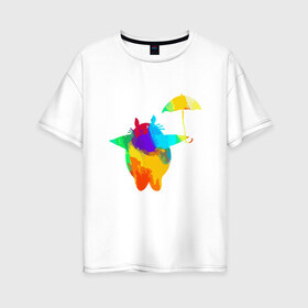 Женская футболка хлопок Oversize с принтом Color Totoro в городе Новоалтайск, 100% хлопок | свободный крой, круглый ворот, спущенный рукав, длина до линии бедер
 | forest | ghibli | japan | miyazaki | nature | neigbor | neighbour | totoro | анимация | аниме | гибли | друг | животные | лес | любовь | милый | мир | миядзаки | мульт | мультфильм | приключения | природа | сказка | сосед | тоторо