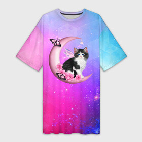 Платье-футболка 3D с принтом Котик На Луне в городе Новоалтайск,  |  | cat | cats | kitten | mem | memes | moon | глаза | глазки | киска | кот | котёнок | котик | котики | котэ | котята | кошак | кошка | кошки | красивая | луна | лунный кот | мем | мемчики | милая | прикольная | светлая | темная