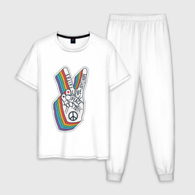 Мужская пижама хлопок с принтом PEACE LOVE HOPE (Z) в городе Новоалтайск, 100% хлопок | брюки и футболка прямого кроя, без карманов, на брюках мягкая резинка на поясе и по низу штанин
 | hope | love | peace | два пальца | жесть | знак | любить | любовь | мир | радуга | хипи | хиппи