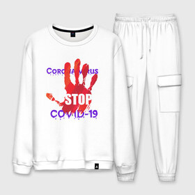 Мужской костюм хлопок с принтом Stop Covid-19 в городе Новоалтайск, 100% хлопок | на свитшоте круглая горловина, мягкая резинка по низу. Брюки заужены к низу, на них два вида карманов: два “обычных” по бокам и два объемных, с клапанами, расположенные ниже линии бедра. Брюки с мягкой трикотажной резинкой на поясе и по низу штанин. В поясе для дополнительного комфорта — широкие завязки | stop covid 19 | корона вирус | надпись | стоп | текст | фраза