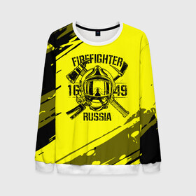 Мужской свитшот 3D с принтом FIREFIGHTER 1649 RUSSIA в городе Новоалтайск, 100% полиэстер с мягким внутренним слоем | круглый вырез горловины, мягкая резинка на манжетах и поясе, свободная посадка по фигуре | Тематика изображения на принте: 112 | firefighter | багор | герб | гкчс | желтая | знак | лого | логотип | мчс | мчсник | пожарная охрана | пожарник | пожарный | пч | россии | рф | серая | символ | служба | спасатель | спасения | топор | флаг