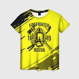 Женская футболка 3D с принтом FIREFIGHTER 1649 RUSSIA в городе Новоалтайск, 100% полиэфир ( синтетическое хлопкоподобное полотно) | прямой крой, круглый вырез горловины, длина до линии бедер | 112 | firefighter | багор | герб | гкчс | желтая | знак | лого | логотип | мчс | мчсник | пожарная охрана | пожарник | пожарный | пч | россии | рф | серая | символ | служба | спасатель | спасения | топор | флаг