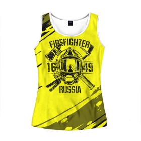 Женская майка 3D с принтом FIREFIGHTER 1649 RUSSIA в городе Новоалтайск, 100% полиэстер | круглая горловина, прямой силуэт, длина до линии бедра | 112 | firefighter | багор | герб | гкчс | желтая | знак | лого | логотип | мчс | мчсник | пожарная охрана | пожарник | пожарный | пч | россии | рф | серая | символ | служба | спасатель | спасения | топор | флаг
