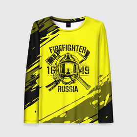 Женский лонгслив 3D с принтом FIREFIGHTER 1649 RUSSIA в городе Новоалтайск, 100% полиэстер | длинные рукава, круглый вырез горловины, полуприлегающий силуэт | 112 | firefighter | багор | герб | гкчс | желтая | знак | лого | логотип | мчс | мчсник | пожарная охрана | пожарник | пожарный | пч | россии | рф | серая | символ | служба | спасатель | спасения | топор | флаг