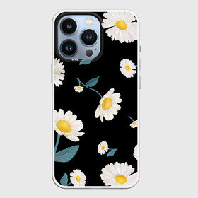 Чехол для iPhone 13 Pro с принтом Ромашки в городе Новоалтайск,  |  | белый | для девушек | желтый | летний принт | листочки цветов | ромашка | ромашки | цветочки | цветы | черный фон