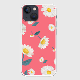 Чехол для iPhone 13 mini с принтом Ромашки в городе Новоалтайск,  |  | Тематика изображения на принте: белый | для девушек | желтый | летний принт | листочки цветов | розовый фон | ромашка | ромашки | цветочки | цветы