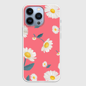 Чехол для iPhone 13 Pro с принтом Ромашки в городе Новоалтайск,  |  | Тематика изображения на принте: белый | для девушек | желтый | летний принт | листочки цветов | розовый фон | ромашка | ромашки | цветочки | цветы