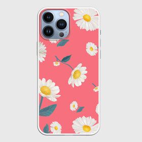 Чехол для iPhone 13 Pro Max с принтом Ромашки в городе Новоалтайск,  |  | Тематика изображения на принте: белый | для девушек | желтый | летний принт | листочки цветов | розовый фон | ромашка | ромашки | цветочки | цветы