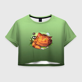 Женская футболка Crop-top 3D с принтом  Catbus Studio Ghibli Котобус в городе Новоалтайск, 100% полиэстер | круглая горловина, длина футболки до линии талии, рукава с отворотами | catbus | studio ghibli | susuwatari | аниме | детский | зеленые | картинка | кот | котенок | котик | котобус | котобусенок | милый | миядзаки | мур | мурчание | персонаж | рисунок | рыжий | сажа | студия гибли | тоторо