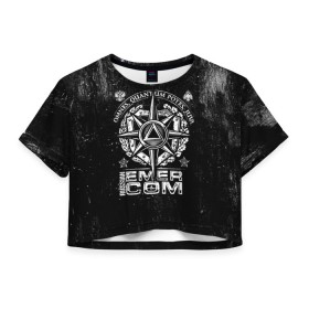 Женская футболка Crop-top 3D с принтом RUSSIAN EMERCOM в городе Новоалтайск, 100% полиэстер | круглая горловина, длина футболки до линии талии, рукава с отворотами | 112 | 27 декабря | firefighter | герб | гкчс | знак | лого | логотип | мчс | мчсник | пожарная охрана | пожарник | пожарный | потертая | пч | россии | рф | символ | служба | состаренная | спасатель | спасения | флаг