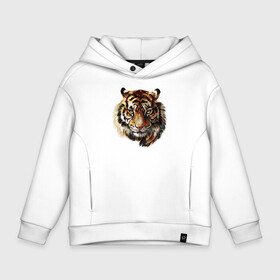 Детское худи Oversize хлопок с принтом Тигр | Tiger в городе Новоалтайск, френч-терри — 70% хлопок, 30% полиэстер. Мягкий теплый начес внутри —100% хлопок | боковые карманы, эластичные манжеты и нижняя кромка, капюшон на магнитной кнопке | cat | cats | dog | dogs | kitchen | kitten | unicorn | единорог | кошка | кошки | лапки | лапы | лев | пёс | радуга | светлая | след | следы | собака | собаки | собачки | темная | тигр | цветная | яркая