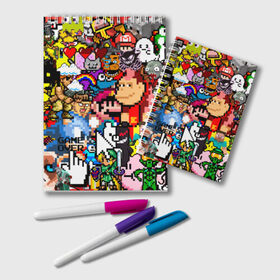 Блокнот с принтом Pixel в городе Новоалтайск, 100% бумага | 48 листов, плотность листов — 60 г/м2, плотность картонной обложки — 250 г/м2. Листы скреплены удобной пружинной спиралью. Цвет линий — светло-серый
 | doodling | tiles | герой | дудлинг | игры | изображение | коллаж | ретро | тайлы | фон | элемент