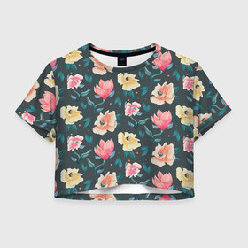 Женская футболка Crop-top 3D с принтом Акварельные цветы в городе Новоалтайск, 100% полиэстер | круглая горловина, длина футболки до линии талии, рукава с отворотами | floral | flowers | pastel | pattern | pink | texture | watercolor | акварель | букет | картина | красками | краски | листья | маки | настроение | пастель | пионы | рисунок | розовые | розы | ромашки | сад | цветки | цветочки