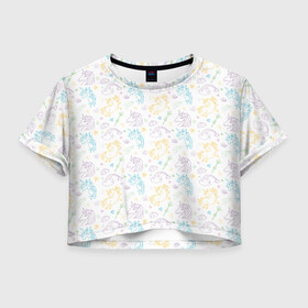Женская футболка Crop-top 3D с принтом Милые единороги в городе Новоалтайск, 100% полиэстер | круглая горловина, длина футболки до линии талии, рукава с отворотами | cute | drawing | pattern | rainbow | silhouette | sweet | texture | unicorn | unicorns | детские | единорог | единороги | единорожки | женские | контур | контурные | милота | паттерн | пышные | радуга | радужный | рисунок | силуэт